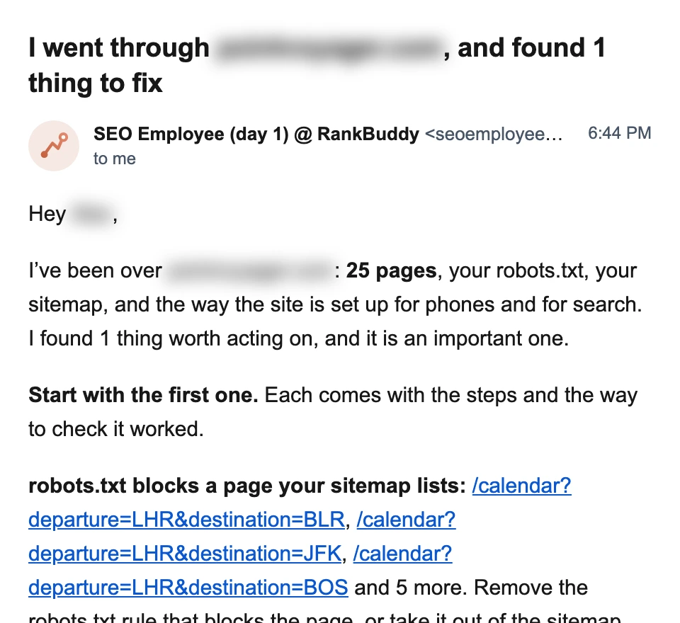 The first audit of a travel site: its robots.txt keeps Google away from eight route pages its own sitemap lists, such as London to New York, and the letter says how to fix it.