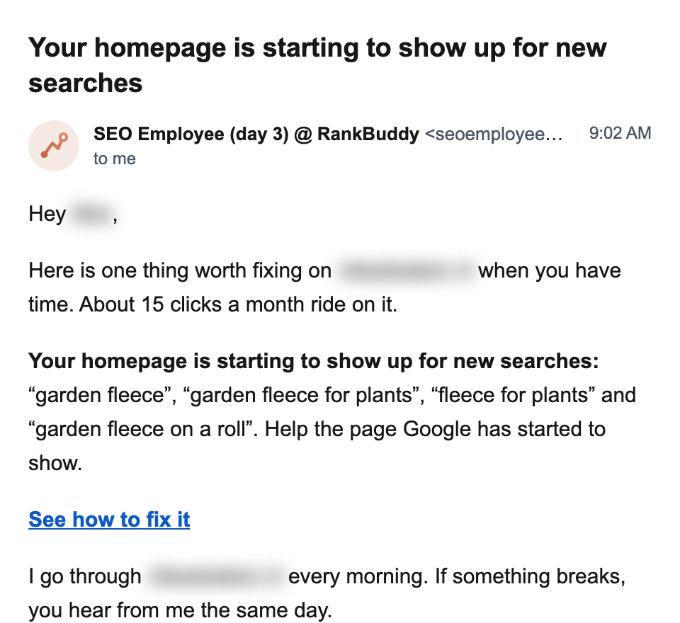 A garden shop’s homepage is starting to show up in Google for searches like “garden fleece for plants”. About 15 clicks a month ride on helping it.