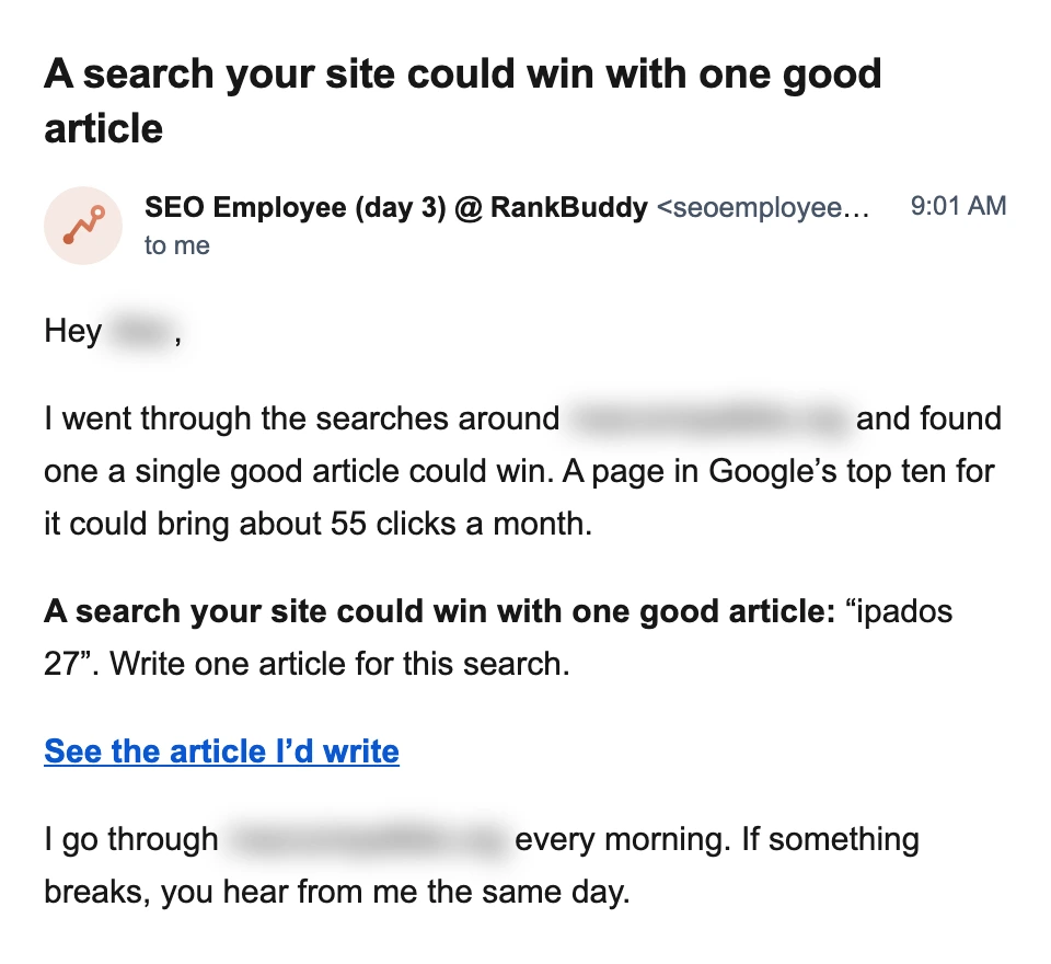 A letter suggesting one article for “ipados 27”, a search a single good article could win. A page in Google’s top ten could bring about 55 clicks a month.