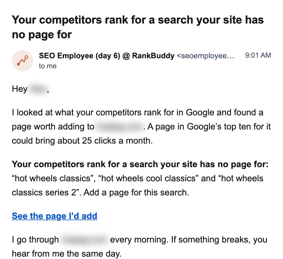 A letter suggesting a page for “hot wheels classics”, a search competitors rank for and the shop has no page for. About 25 clicks a month.