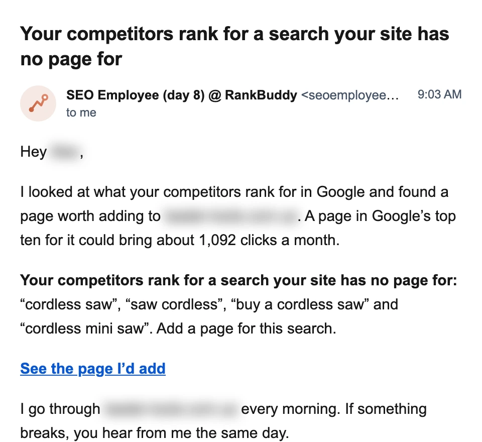 A letter suggesting a page for “cordless saw”, which competitors rank for and the shop has no page for. A page in Google’s top ten could bring about 1,092 clicks a month.