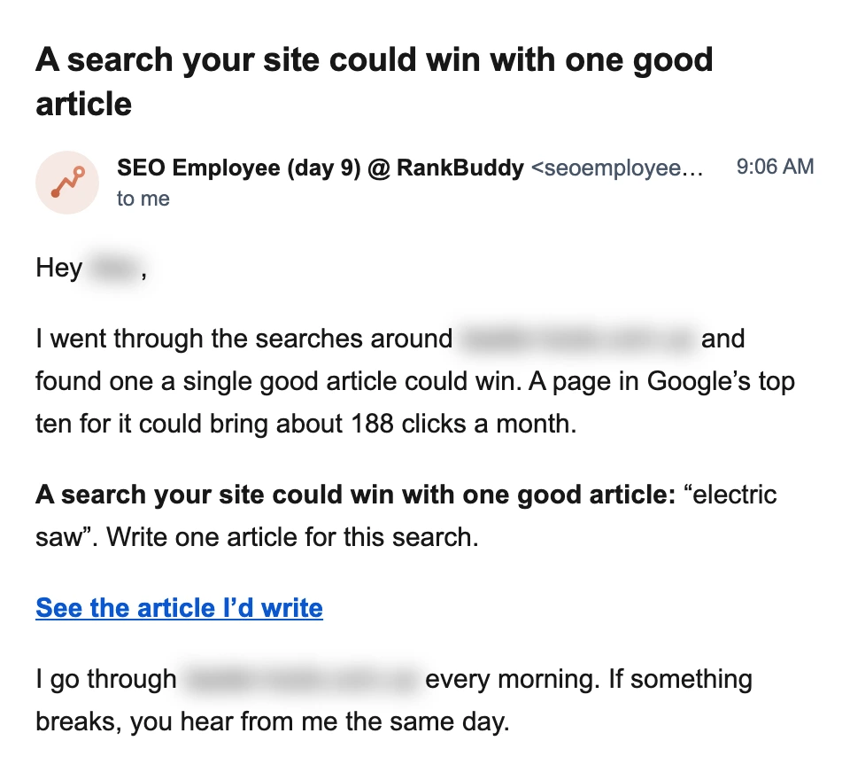 A letter suggesting one article for “electric saw”, a search a single good article could win. A page in Google’s top ten could bring about 188 clicks a month.
