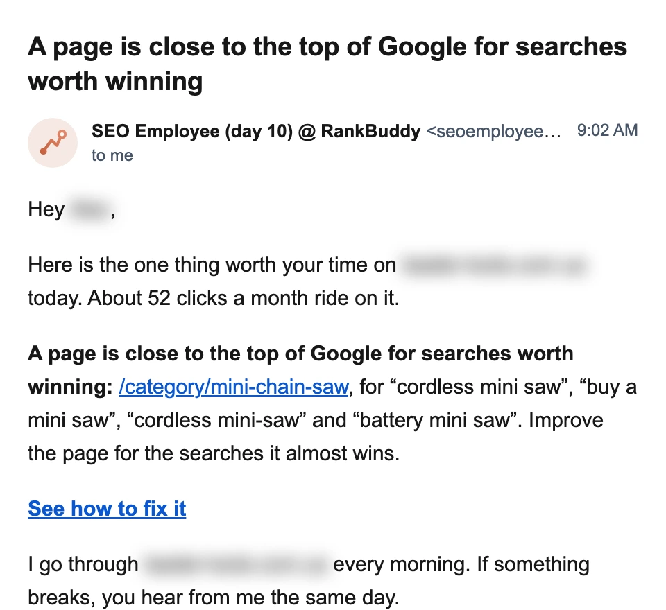 A category page for cordless mini saws is close to the top of Google for searches like “buy a mini saw”. About 52 clicks a month ride on it.