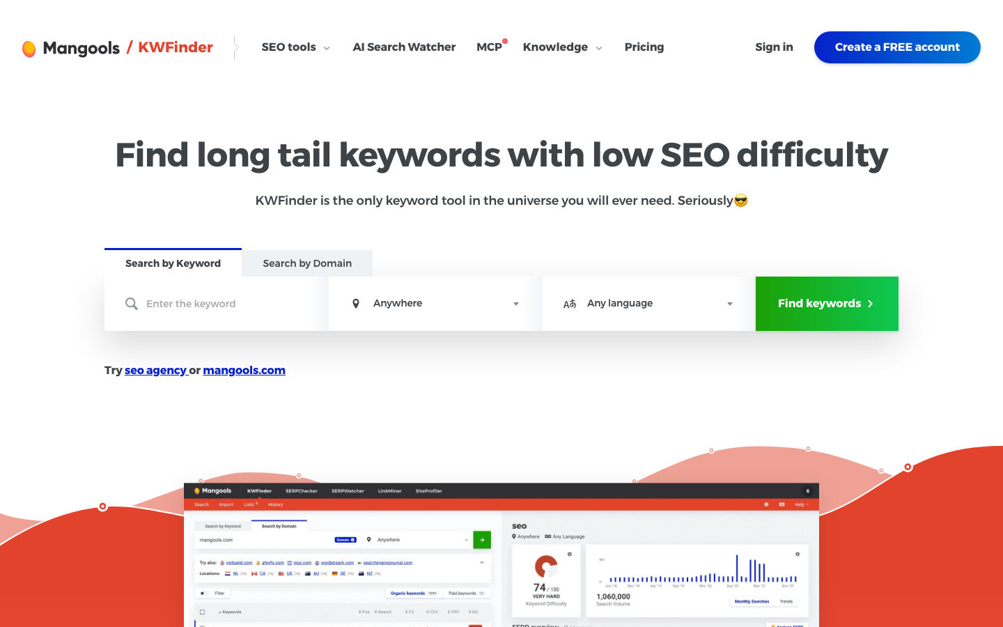 KWFinder by Mangools homepage: find long tail keywords with low SEO difficulty, with a search box for keyword, location and language