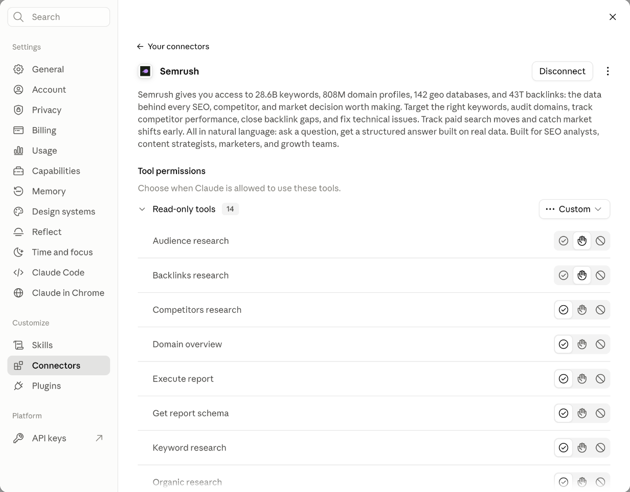 Semrush connected as an app in Claude