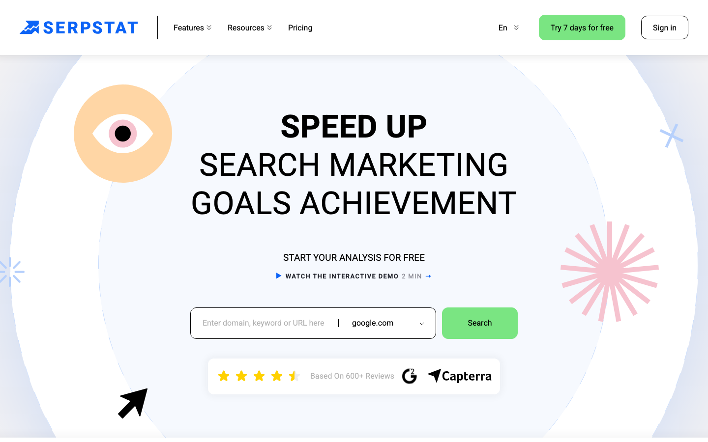 Serpstat homepage: one box for a domain, keyword or URL, with a free 7 day trial offered