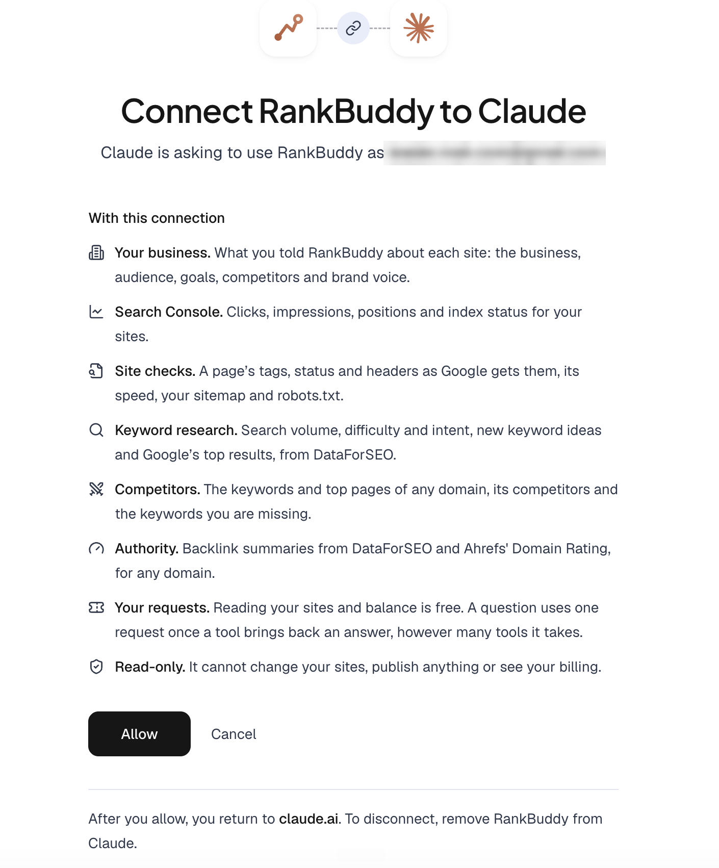RankBuddy's read-only permission screen when connecting it to Claude