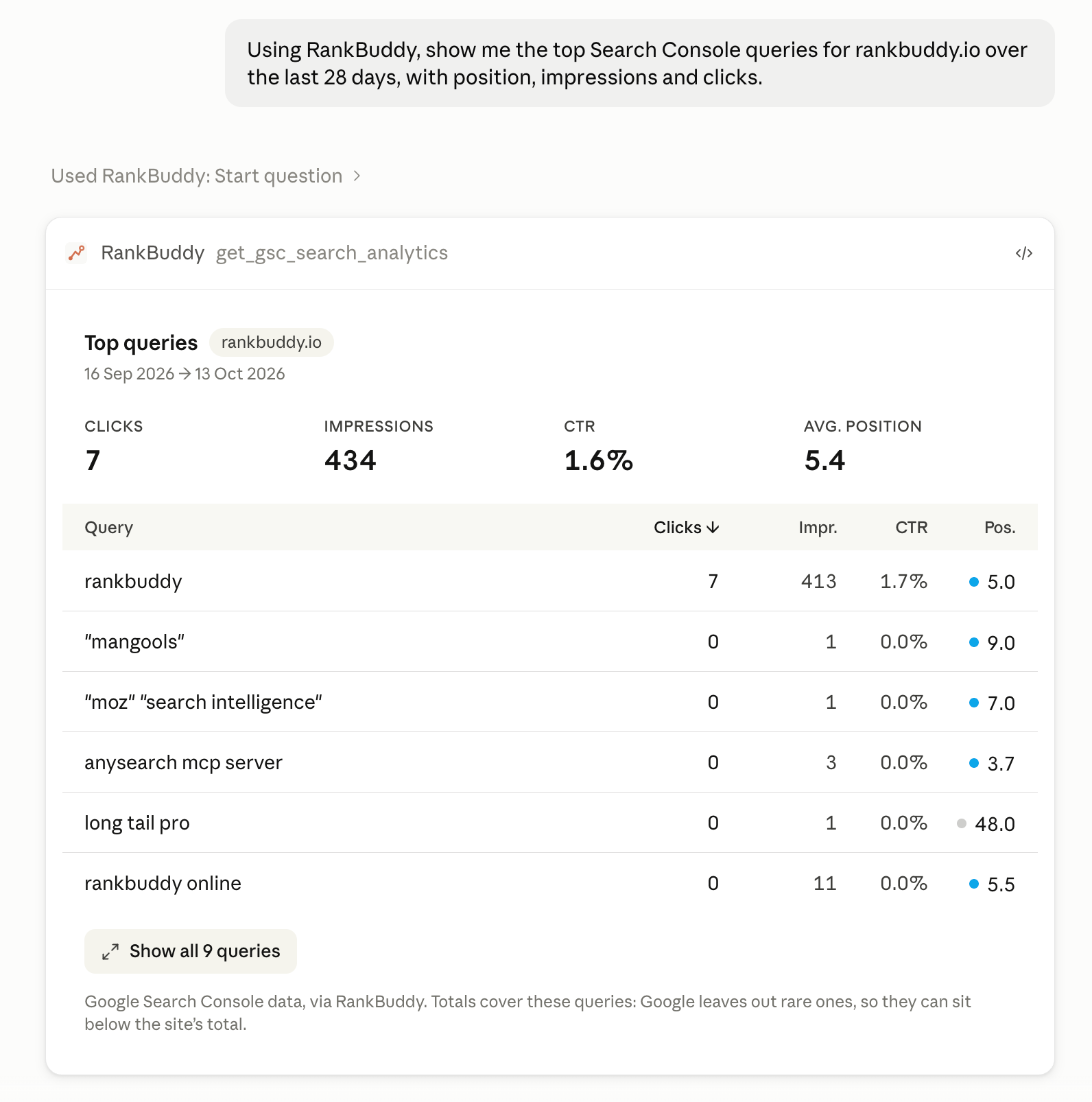 Claude showing top Search Console queries for rankbuddy.io through the RankBuddy MCP