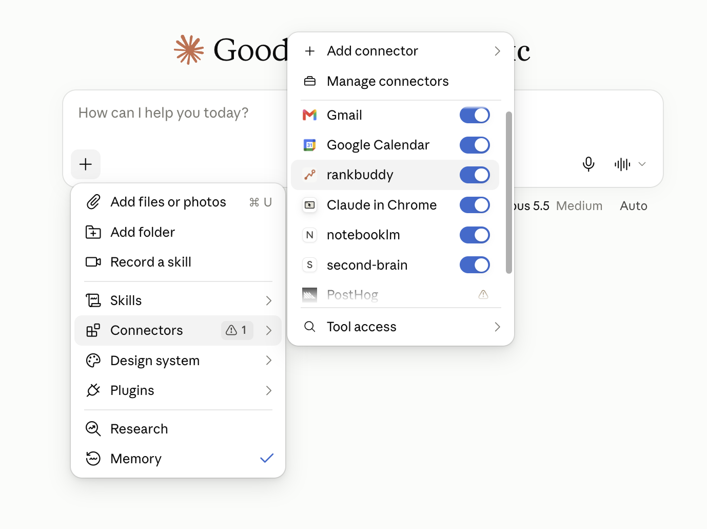 The rankbuddy connector switched on in a Claude chat