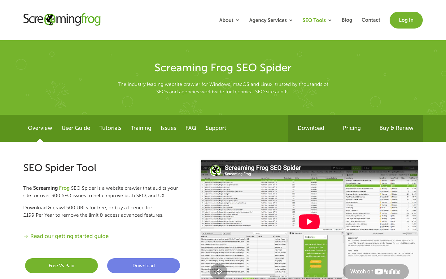 Screaming Frog SEO Spider page: a website crawler that is free for up to 500 URLs, with a £199 yearly licence