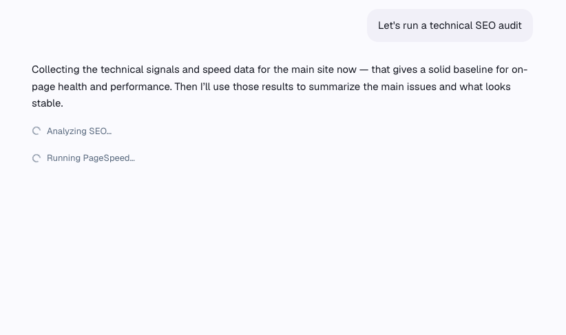 RankBuddy agent status showing it analyzing SEO signals and running a PageSpeed report in parallel while explaining its plan
