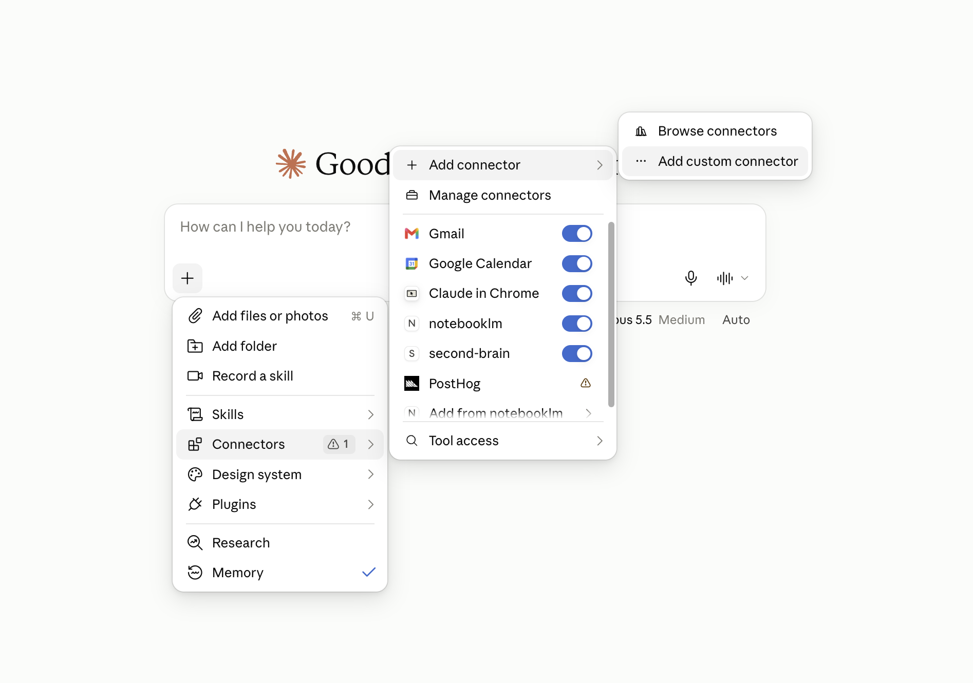 Claude's connector menu with Add connector and Add custom connector