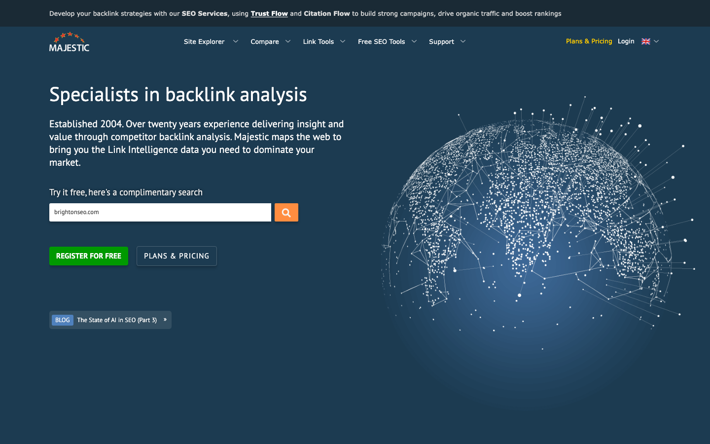 Majestic homepage: a backlink analysis toolset with one complimentary Site Explorer search