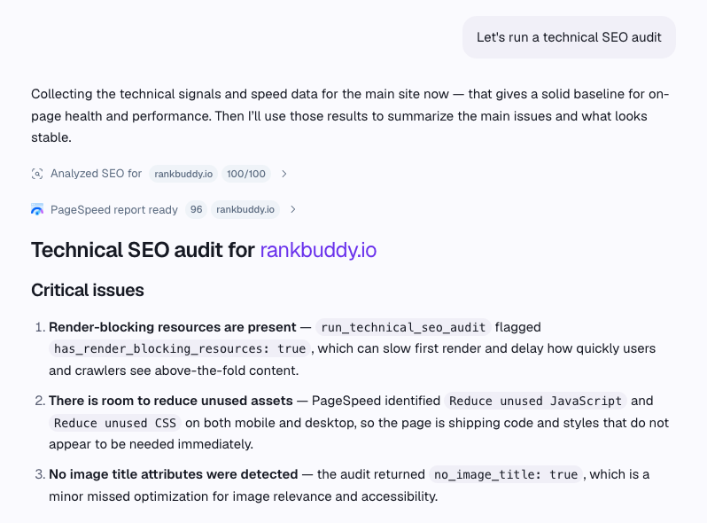 RankBuddy technical SEO audit report for rankbuddy.io showing analyzed scores, critical issues like render-blocking resources and missing image titles, and the start of a performance table