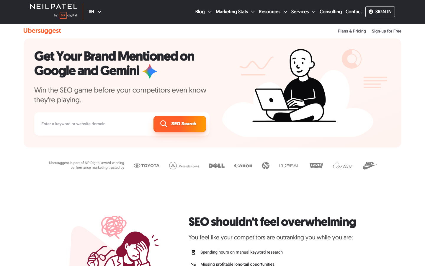 Ubersuggest by Neil Patel: one search box for a keyword or a website domain, with plans and pricing in the corner