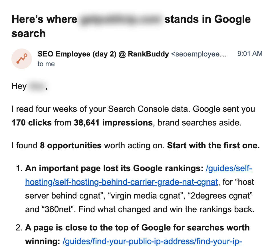 A real RankBuddy letter on day two: an overview from four weeks of Search Console with clicks, impressions and the first opportunities to act on